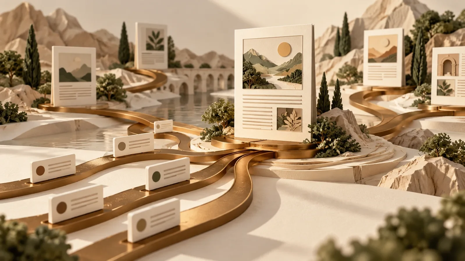 Sculptural editorial pages with bronze paths converging on distinct destinations