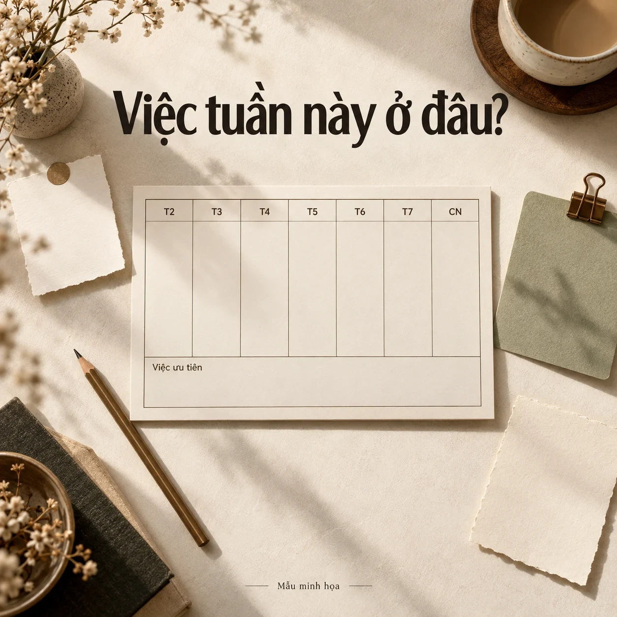 Các giấy ghi chú rời bên tờ kế hoạch tuần trống, với câu mở Việc tuần này ở đâu?