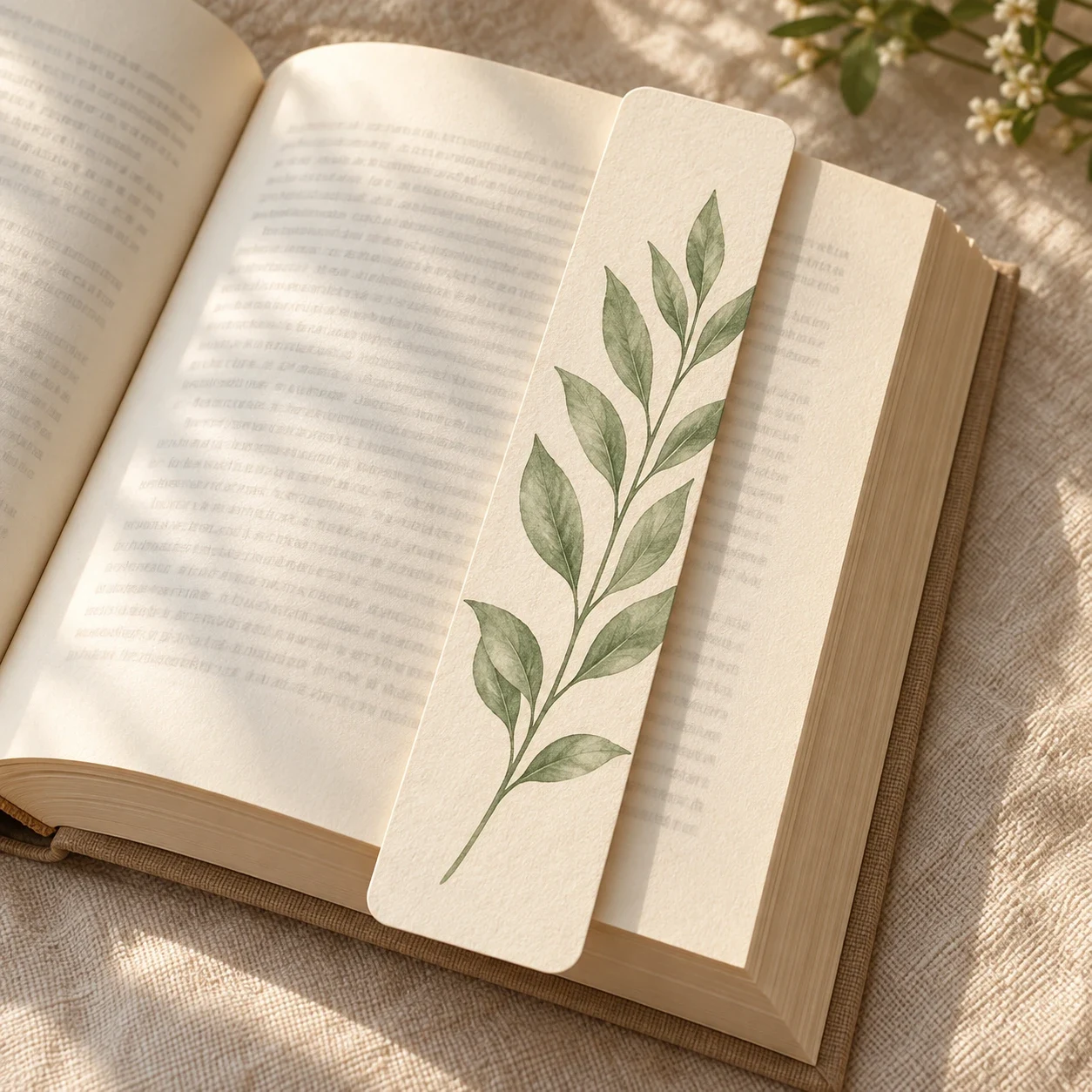 Minh họa bookmark màu kem có nhành lá xanh đặt bên cuốn sách mở.