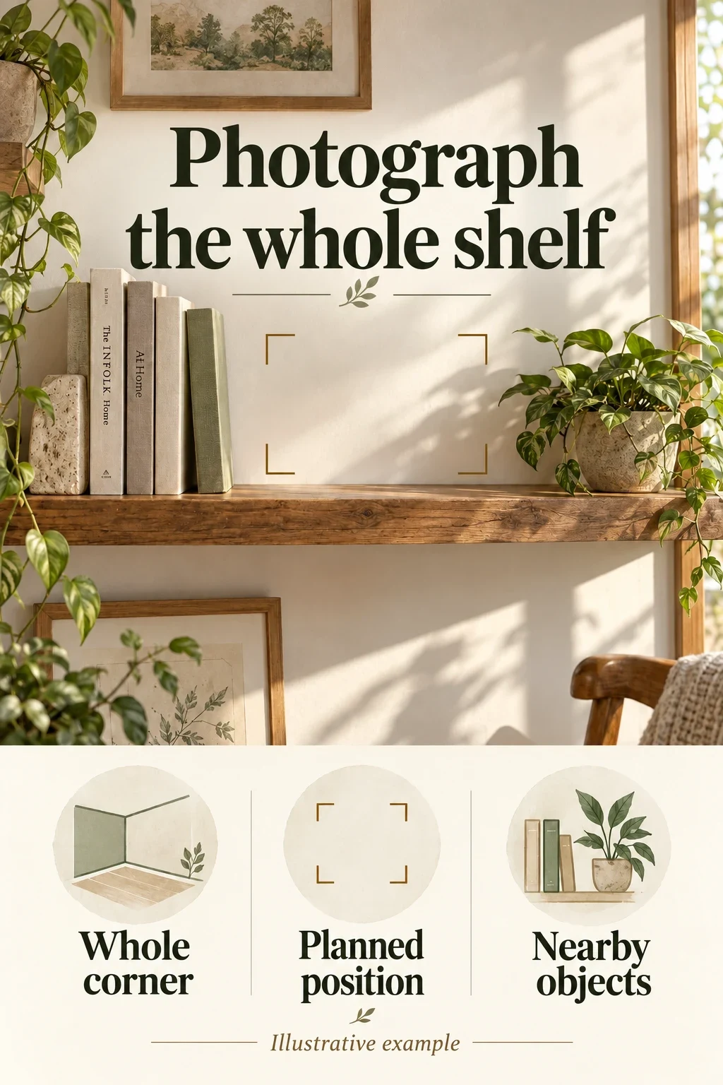 Illustrative post showing the whole shelf corner, the intended vase position, and surrounding objects.