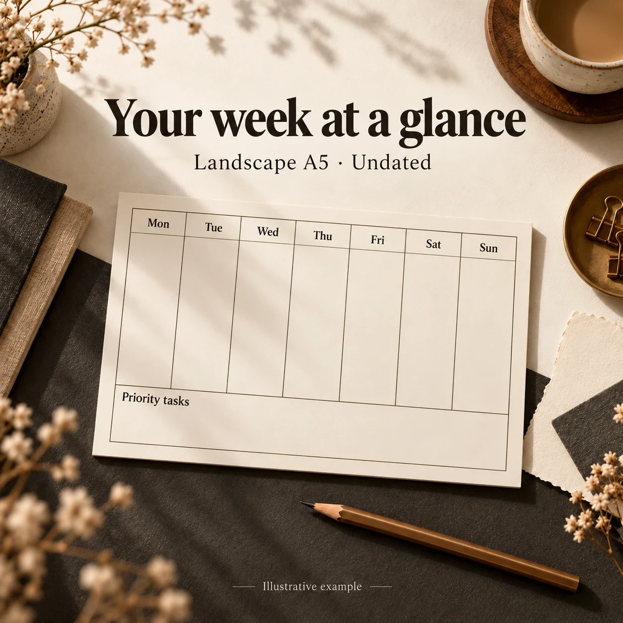 Landscape A5 weekly planner with seven day columns, a Priority tasks area, and a note that dates are not preprinted.
