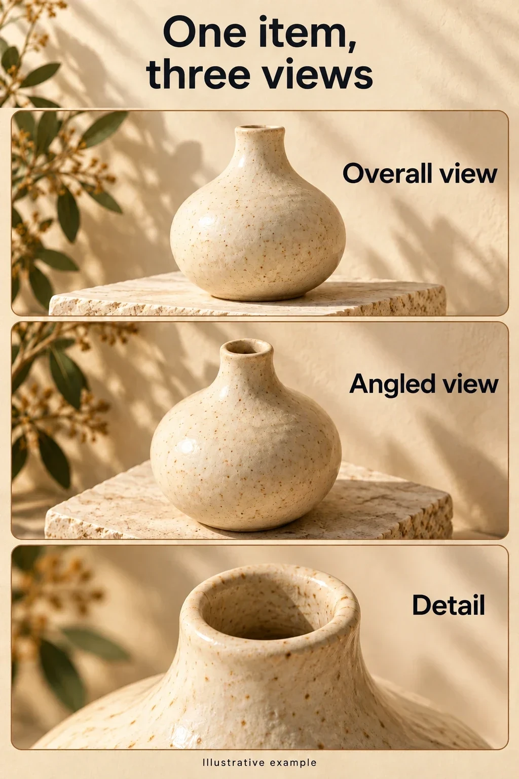 Illustrative views of one decorative vase: overall, angled, and close-up detail.