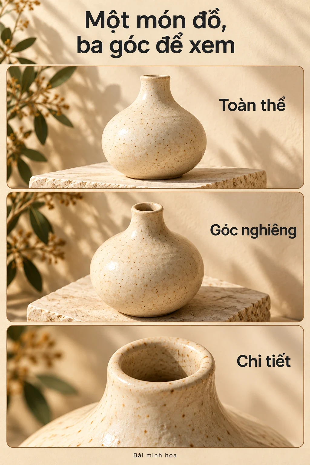 Bài minh họa cùng một bình trang trí ở góc toàn thể, góc nghiêng và cận chi tiết.