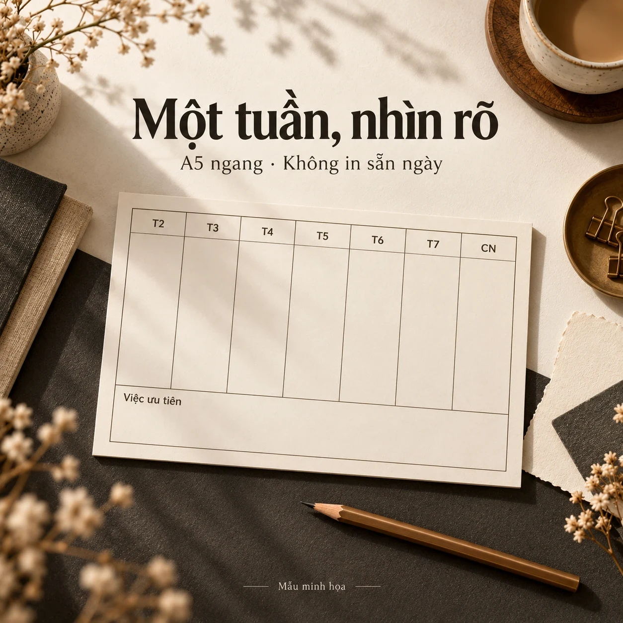 Tờ kế hoạch A5 ngang bảy cột ngày, vùng Việc ưu tiên và dòng Không in sẵn ngày.