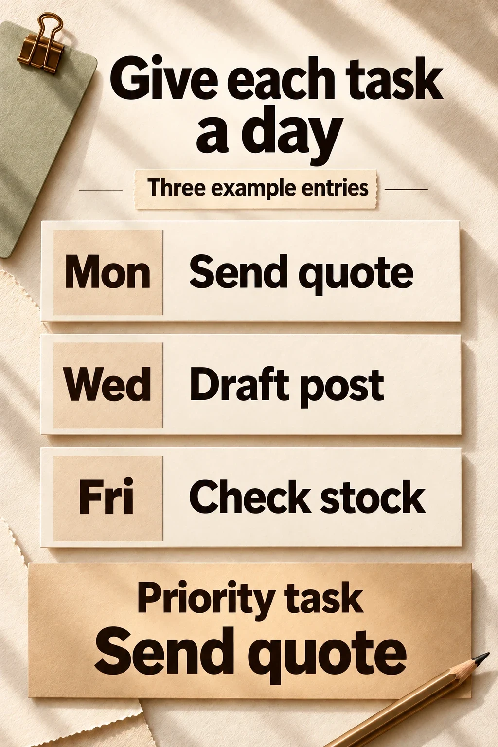 Enlarged planner entries for Monday: send a quote; Wednesday: draft a post; Friday: check stock, with sending the quote marked as a priority.