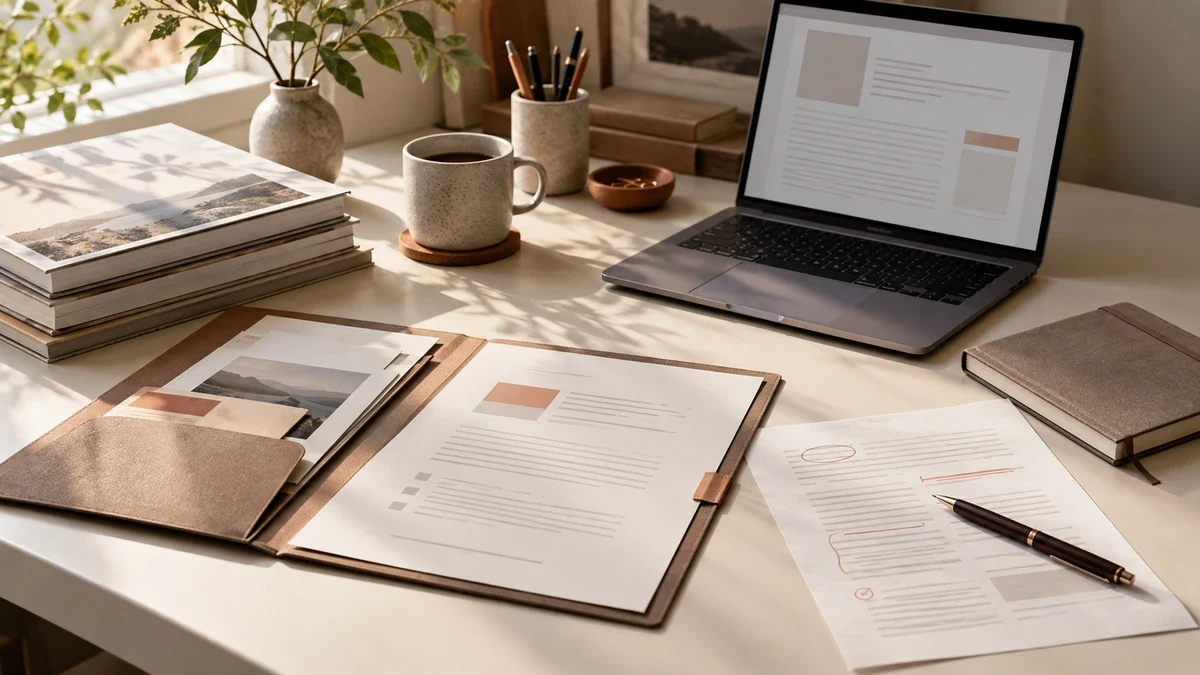An organized content handoff desk with an assignment brief, source materials and a draft ready for review
