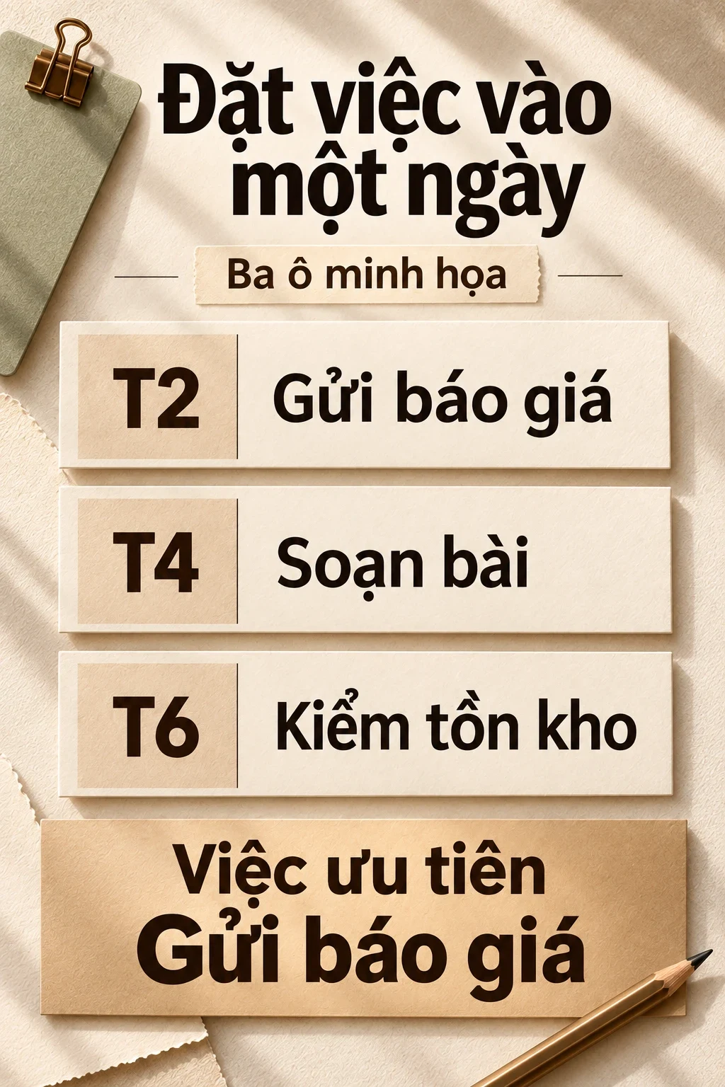 Ba ô kế hoạch phóng lớn: T2 Gửi báo giá, T4 Soạn bài, T6 Kiểm tồn kho; ưu tiên Gửi báo giá.