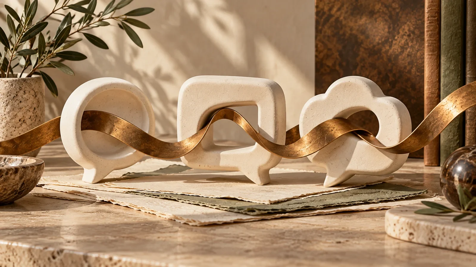Three ceramic speech forms connected by one continuous bronze ribbon