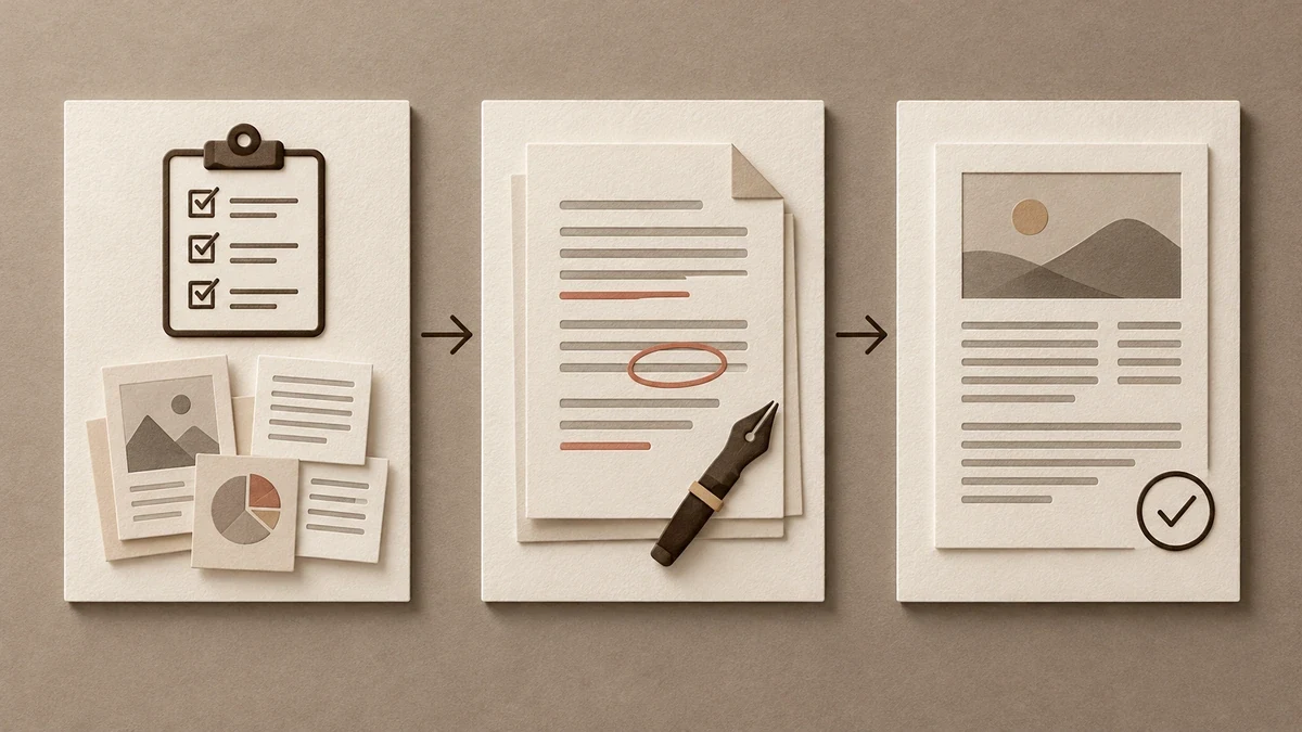 Three stages of content collaboration: an assignment brief, an annotated draft and an approved article