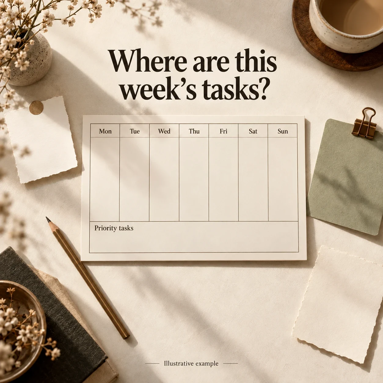 Loose notes beside a blank weekly planner, illustrating tasks scattered across separate pieces of paper.