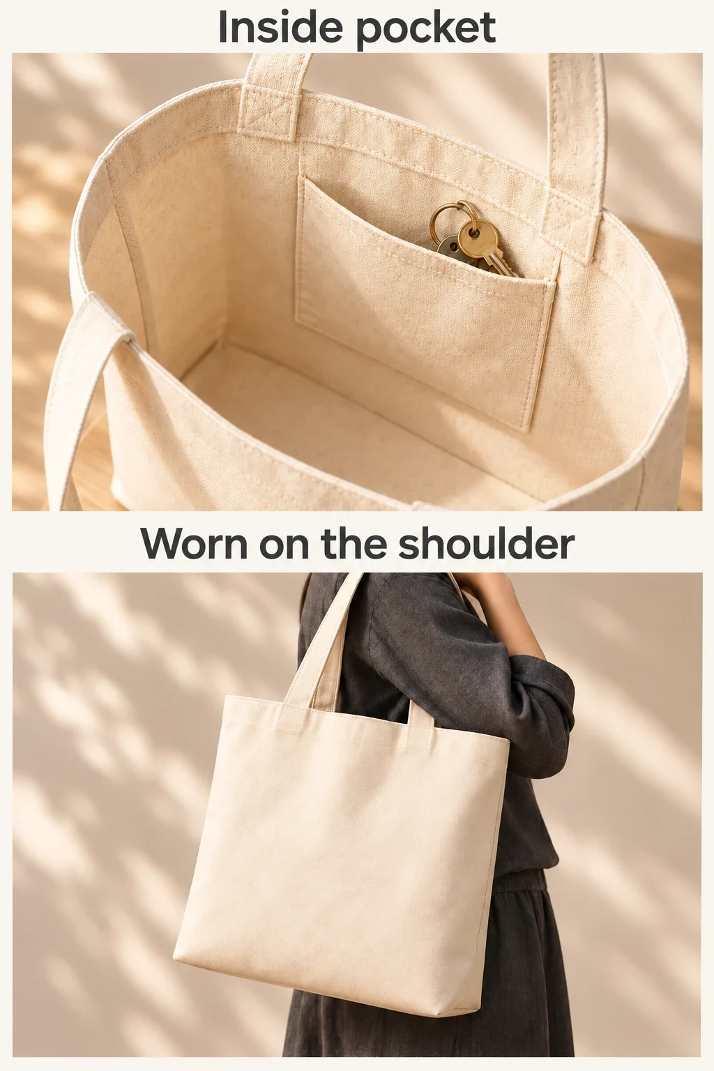Two illustrative views of the same cream bag: its inner pocket holding keys and the bag worn on a shoulder.