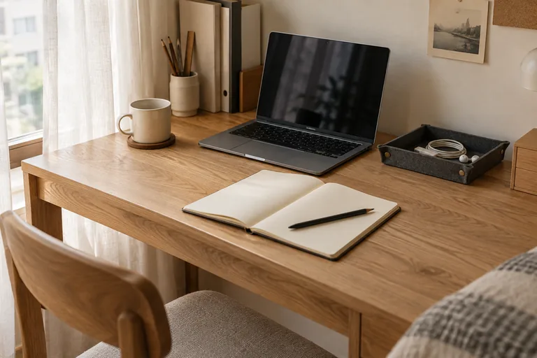 Bàn gỗ nhỏ có laptop phía sau, sổ mở ở vùng thao tác và khay gom đồ rời ở một bên.